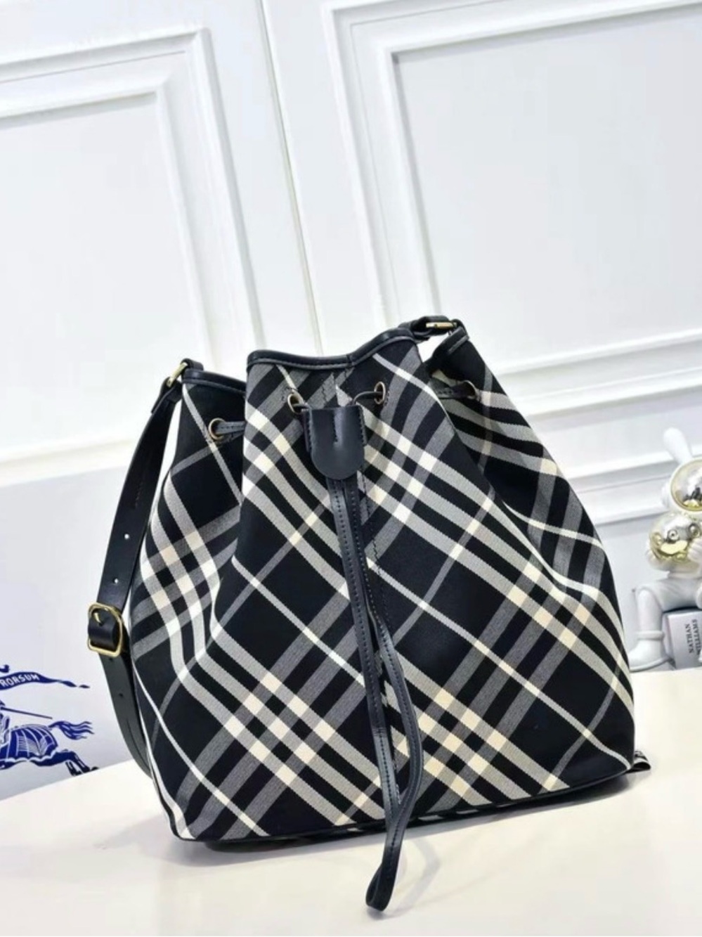 Burberry Black Plaid Bucket Bag with Drawstring